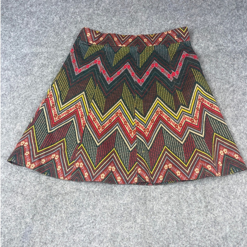 Vintage 70s Chevron Zigzag Floral Knit A-Line Mini Skirt Multicolor Retro